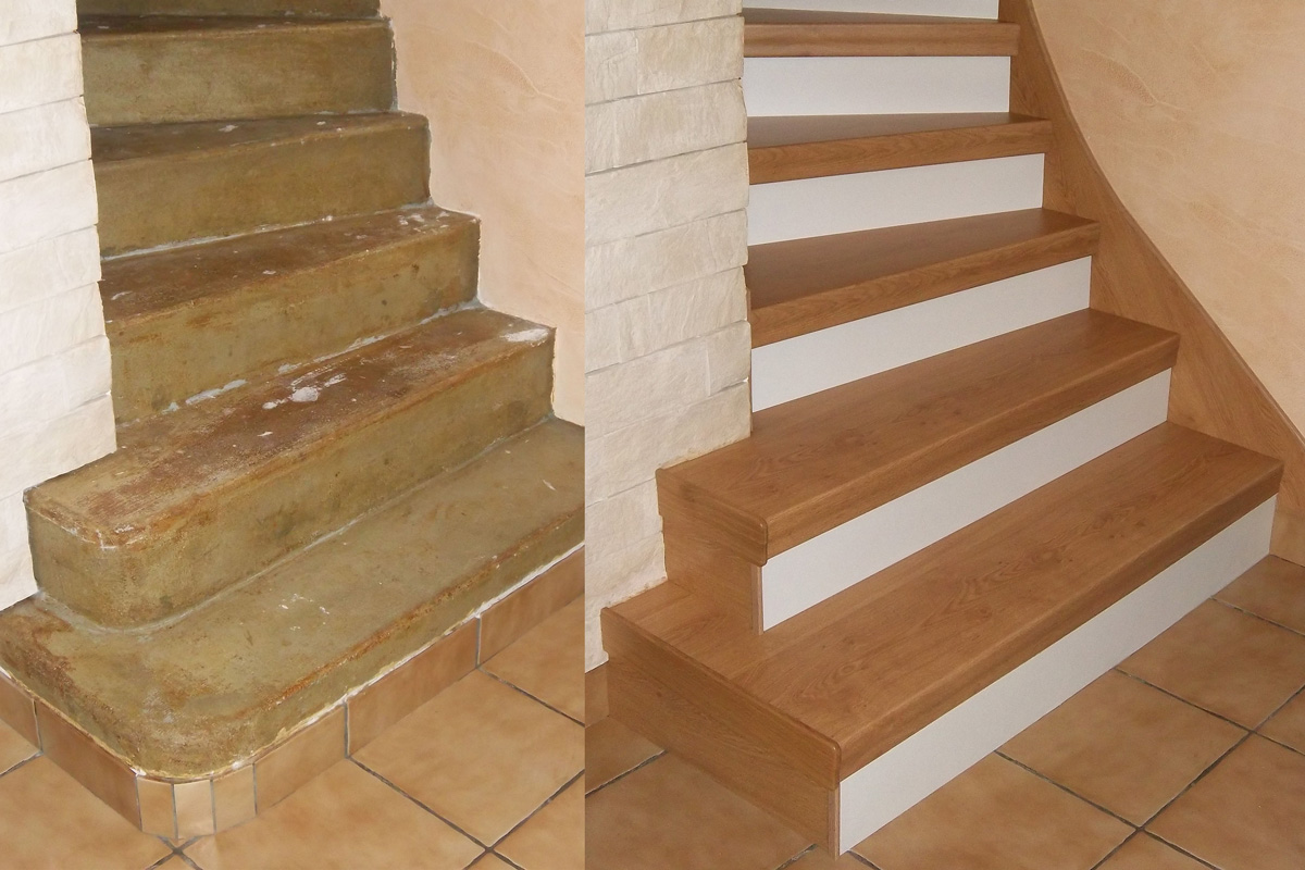 Betontreppe verkleidet mit Renovierungsstufen im Dekor Eiche